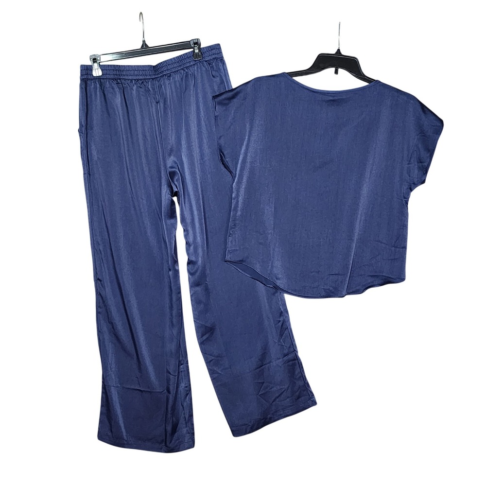 State of Day Satin Pajama Set Short Sleeve Wide Leg Navy Dawn Crepe De Chine Med - Picture 3 of 5